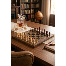 Özbience Şık Gümüş Kareli Ahşap Taşlı Satranç Takımı Dekoratif Set 37X37 cm
