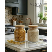Vesta Concept 2'li Set 0,8 Lt Vakumlu Bambu Kapaklı Cam Erzak Saklama Kabı - Dolap Içi Düzenleyici, Bakliyat Saklama Kutusu