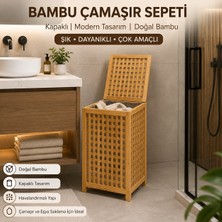 Begin Power Doğal Bambu Çamaşır Sepeti Kapaklı Kirli Çamaşır Saklama Sepeti Banyo Organizeri