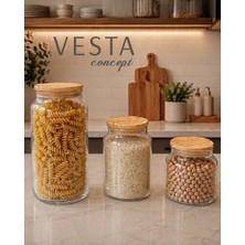 Vesta Concept 3'lü Set Vakumlu Bambu Kapaklı Cam Erzak Saklama Takımı - Dolap Içi Düzenleyici, Bakliyat Saklama Kutusu