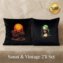 Harmony Factory Sanat & Vintage 2'li Kadife Kırlent Seti - Nakışlı Dekoratif Yastık Kılıfı Hediyelik 2'li Kombin