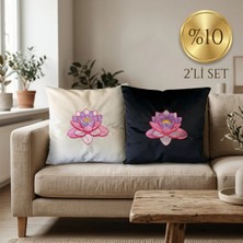 Harmony Factory Lotus Çiçeği 2'li Kadife Kırlent Seti - Nakışlı Dekoratif Yastık Kılıfı Hediyelik 2'li Kombin