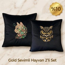 Harmony Factory Gold Sevimli Hayvan 2'li Kırlent Seti - Nakışlı Dekoratif Yastık Kılıfı Hediyelik 2'li Kombin