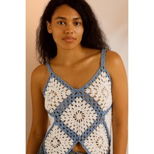 Talin Handmade Beyaz ve Mavi Granny Kare Askılı Crop -  38 Beden Uyumlu