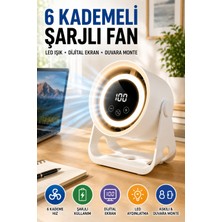 Open City 6 Kademeli Şarjlı Masaüstü Fan Dijital Ekranlı LED Işıklı Duvara Monte Askılı Mini Fan K6 Model