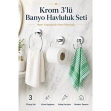Alper Banyo Krom 3’lü Banyo Havluluk Seti, Yuvarlak Havluluk, Açık Tuvalet Kağıtlığı ve İkili Askı, Hem Yapışkanlı Hem Montajlı