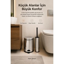Alper Banyo 3 LT Pedallı Çöp Kovası Seti, Klozet Fırçası Dahil, Şık Krom Görünüm ve Kolay Temizlik