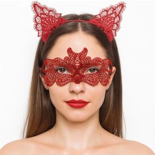 Renas Store Ateş Kırmızısı Dantel Taç ve Maske Seti 10 No - Maskeli B &amp; Özel Gün Seti
