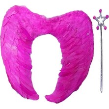 Renas Store Gerçek Tüylü Katlanabilir Çuk Pembe Melek Kanadı ve Asa Seti 40X55 cm