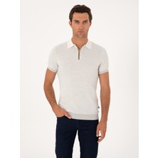Cacharel Erkek Açık Gri Slim Fit %100 Pamuk Fermuarlı Polo Yaka Triko T-Shirt 50305981-VR001