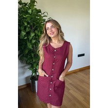 Picco Boutique Keten Önden Düğmeli Cepli Kolsuz Mini Yazlık Kadın Elbise Günlük Ofis Casual Şık Yaz Kıyafeti Düğmeli Kolsuz Askılı Trapez Kesim Button Down Dress