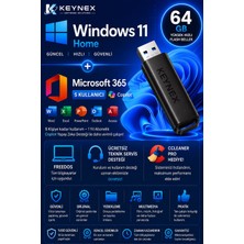Windows 11 Home + Microsoft 365 Family (5 Kullanıcı) Copilot Destekli | 64 GB USB Kurulum Belleği Freedos Için Uygun