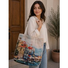 Özdağ Home Concept Dijital Baskılı Çok Renkli Kadın Omuz Çantası 40X40 cm – Süet Kumaş Günlük, Plaj ve Alışveriş Çantası.