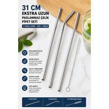 Yenilig 31 cm Paslanmaz Çelik Pipet Seti 3 Parça Eğri Düz Metal Pipet ve Temizleme Fırçası Çok Renkli