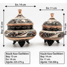 Aura Copper Eski Usul El Işlemesi Keski Renkli Motifli Bakır Şekerlik ve Lokumluk - Kapaklı 3 Ayaklı Bakır Kase 2'lü Set