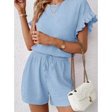 Trend Metkar Kadın Kısa Kollu Bisiklet Yaka Bürümcük Bluz ve Kısa Short Ikili Takım