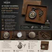 Mersi Shop Ay Yıldız Tasarımlı Antik Köstekli Cep Saati | Zincirli Vintage Nostaljik Saat 4,5 cm