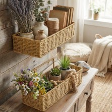 Renas Store 2’li Duvar Askılı Plastik Rattan Organizer – Dikdörtgen Hasır Görünümlü Mutfak Raf Sepeti, Banyo ve