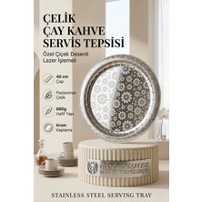 Transformacion Yuvarlak Sunum Tepsisi 40 cm - Paslanmaz Çelik Çiçek Desenli Lazer Işlemeli Çay Kahve Servis Tepsisi - Dayanıklı Parlak Çelik Tepsi 723319