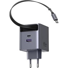 Belirtilmemiş Ugreen 65W Makaralı Dahili Kablolu Gan Hızlı Şarj Cihazı, 2xusb-C, 1xusb-A, Gri, 65825