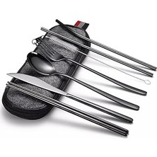 Belirtilmemiş Valkyrie 8 Parça Çantalı Yolculuk Çatal Kaşık Pipet Chopstick Seti Kamp Okul Ofis Tatil Pasla