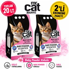 Mr. Cat Happy Mr.cat Happy Baby Powder Kokulu Bentonit Kedi Kumu 10 Lt x 2 Adet Toplam 20 Lt Güçlü Topaklanan %99,5 Tozsuz