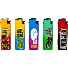 Onr Store Komik Karakter Baskılı Renkli Çakmak Seti 5\'li Gazlı Çakmak Eğlenceli Tasarım Serisi