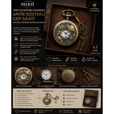 Mersi Shop Tren ve Satürn Tasarımlı Antik Köstekli Cep Saati | Zincirli Vintage Nostaljik Saat 4,5 cm