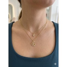 Lavante Butik Çift Katlı Zirkon Taşlı Ay ve Yıldız Kadın Çelik Kolye