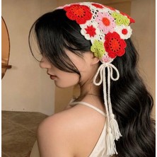 Kırmızı Pembe Yeşil Örgü Üçgen Bandana Papatya Saç Bandı Kadın Genç Kız Çocuk Yazlık Bohem Vintage Kore Tarzı Ay Çiçek