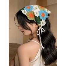 Mavi Yeşil Örgü Üçgen Bandana Papatya Saç Bandı Kadın Genç Kız Çocuk Yazlık Bohem Vintage Kore Tarzı Ayçiçek