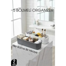 Renas Store 5 Bölmeli Banyo ve Makyaj Organizer Kutusu Gri & Beyaz 2’li Set  Tezgah Üstü Düzenleyici