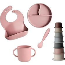 Nacario Meleni Baby 5'li Set Silikon Mama Önlüğü Kulplu Bardak Vakumlu Tabak Mama Kaşığı Kule Aktivite O