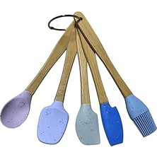 Nacario Silikon Kaşık Seti, Bambu Saplı, Mor Renkli, 5 Parça, Spatula Fırça Dahil