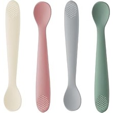 Nacario Meleni Baby 4'lü Silikon Mama Kaşığı - Kaşıyıcı Bebek Beslenme Kaşığı Silikon Kaşık Bej, Pembe,