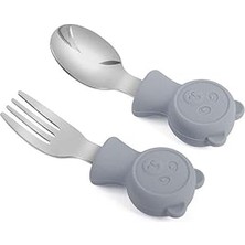 Nacario Valkyrie 304 Çelik Panda Bebek Kaşık Çatal Setisilikon Saplı Bpa Içermez Ergonomik Kaymaz Gri