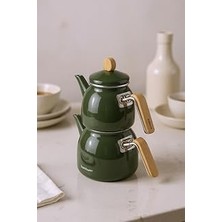 Nacario Sultan - Bambu Kulplu Emaye Çaydanlık Takımı Koyu Yeşil