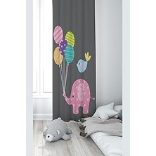 Nacario Pelangi Fil Balon Desenli Dijital Baskı Yıkanabilir Bebek Çocuk Odası Fon Perdesi, Füme 140 x 24