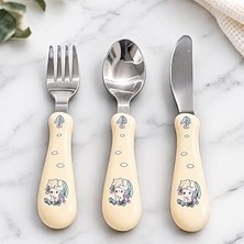 Nacario Çocuk Yemek Takımı, Paslanmaz Çelik, 3'lü Set, Kaşık Çatal Bıçak, Karakter Desenli, Krem Rengi