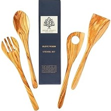 Nacario Zeytin Ağacı El Yapımı 4 Parça Mutfak Seti, Ahşap Kaşık, Çatal, Spatula, Delikli Spatula 30 Cm.
