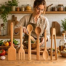 Nacario Doğal Şimşir Ağacından Ahşap Mutfak Seti, Spatula, Çatal, Kaşık Maşa, 6 Parça, Doğal Renk