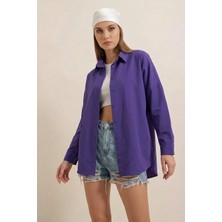 Kadın Oversize Basic Pamuklu Mor Gömlek