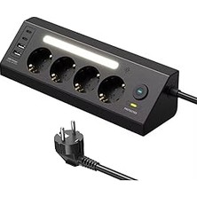 Nacario Akım Korumalı Çoklu Priz | 4 Priz Girişi + 2 Usb-C + 2 Usb-A Çıkışı | 2 Metre Kablo | LED Işıklı |