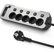 Nacario Bağımsız Anahtarlı 5'li Işıklı Akım Korumalı Çoklu Priz 4000W, 2x USB - 2x Type-C Giriş, Metal Ön P