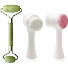 Nacario Jade Roller 2'li Yeşim Taşı Masaj Aleti Silikon Yüz Temizleme Fırçası