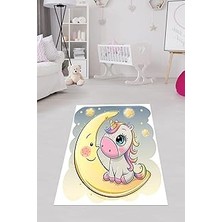 Nacario Pelangi Unicorn Ay Yıldız Desenli Dijital Baskı Yıkanabilir Kaymaz Taban Çocuk Odası Halısı, Sarı-G