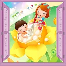 Nacario Çocuk Odası Bebek Odası Pencere Poster Duvar Kağıdı Banyo Zamanı