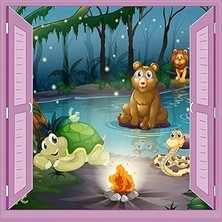 Nacario Çocuk Odası Bebek Odası Pencere Poster Duvar Kağıdı Hayvanlar Kamp