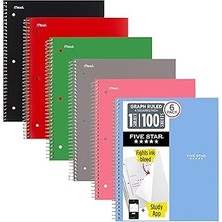 Nacario Five Spiral Defter + Çalışma Uygulaması, 6'lı Paket, 1 Konu, Grafik Çizgili Kağıt, 21.6 x 27.9