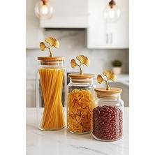 Nacario 3'lü Bambu Kapaklı Metal Ginkgo Figürlü Şeffaf Cam Kavanoz Şeffaf Cam Saklama Kabı 635/890/1400ML